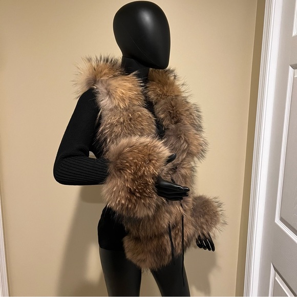 Real raccoon fur cardigan genuine fur collar trench coat parka jacket wool blaze - Picture 4 of 16